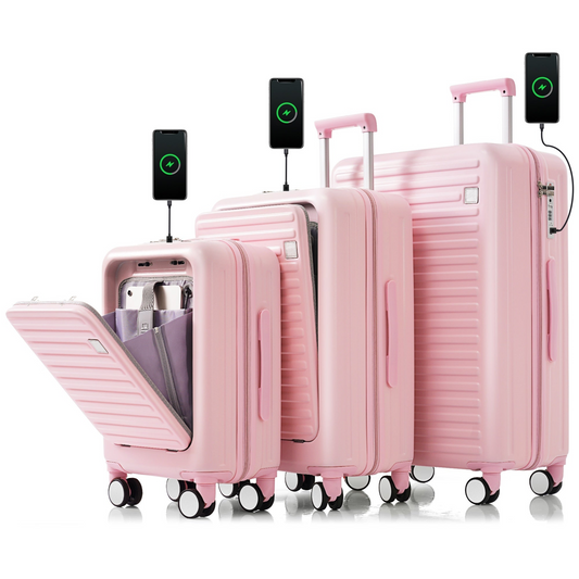 Luggage Set of 3, 20, 24, 28inch with USB Port, 20, 24inch with front opening design Airline Certified Carry on Luggage with Cup Holder, ABS Hard Shell Luggage with Spinner Wheels, pink