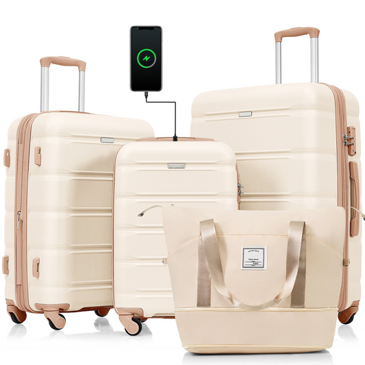 Luggage Sets 4 Piece, 20-inch with USB Port, Expandable ABS Durable Suitcase with Travel Bag,  Cup Holder, ABS Hard Shell Luggage with Spinner Wheels, beige and golden