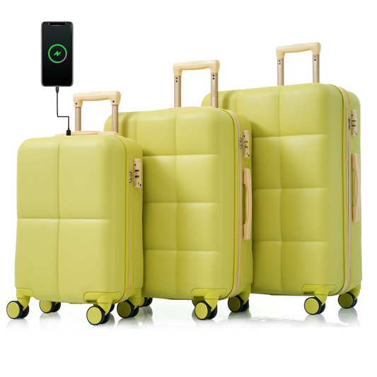 Luggage Set of 3, 20-inch with USB Port, Airline Certified Carry-on Luggage with Cup Holder, ABS Hard Shell Luggage with Spinner Wheels, olive yellow