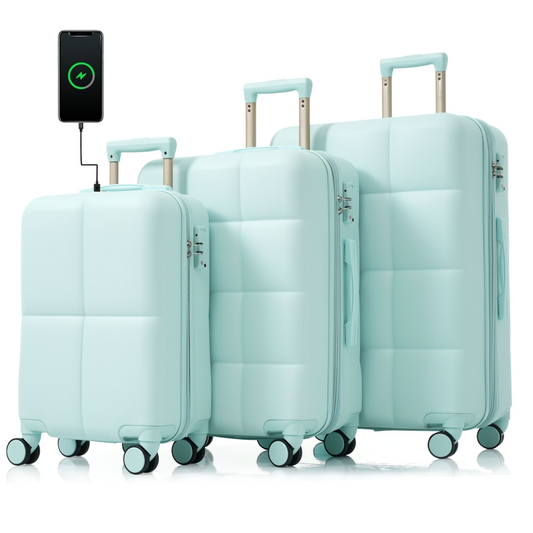 Luggage Set of 3, 20-inch with USB Port, Airline Certified Carry-on Luggage with Cup Holder, ABS Hard Shell Luggage with Spinner Wheels, grey green