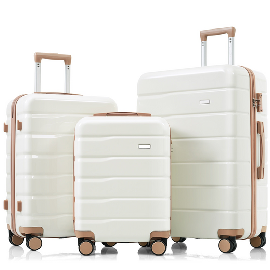 Premium ABS Travel Luggage Set , 3-Piece TSA Lock Suitcase Ensemble with 20, 24, and 28 Inch Sizes with 360° Spinner Wheels, ivory and golden