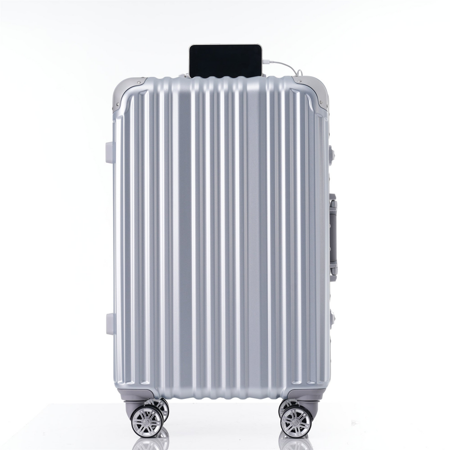 1pc 24in Aluminum Frame Luggage with USB port, Vacation Carry-On Suitcase with Spinner Wheels and TSA Lock, Travel Trolley Case For Short Business Trips, Beach Holidays, gray silver