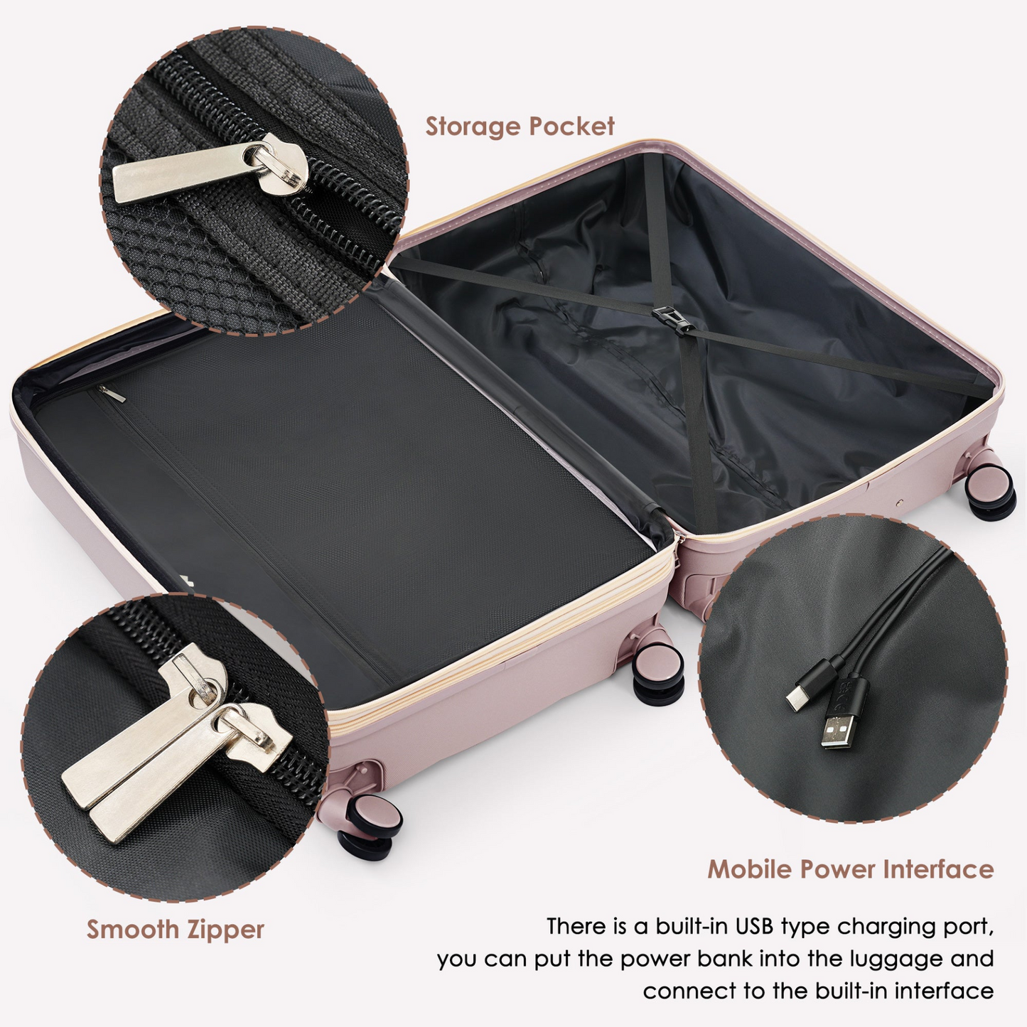 Luggage Set of 3, 20-inch with USB Port, Airline Certified Carry-on Luggage with Cup Holder, ABS Hard Shell Luggage with Spinner Wheels, RosyBrown