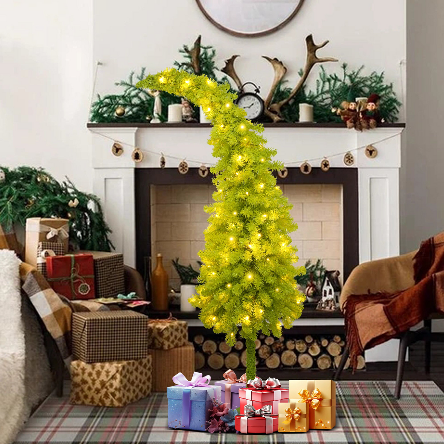 5FT Hinged Fir Artificial Fir Bent Top Christmas Tree, Xmas Tree Bendable Santa Hat Style Christmas Tree Holiday Decoration,400 Lush Branch Tips, 100 LED Lights X-mas
