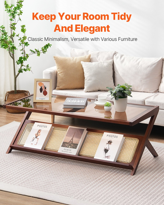 VEVOR Rattan Coffee Table, Z-Shaped Rattan Woven Bamboo End Table with Tempered Glass Top, 47” Modern Boho Storage Coffee Table with Natural Bamboo Legs, for Living Room, Bedroom & Small Spaces, Walnut
