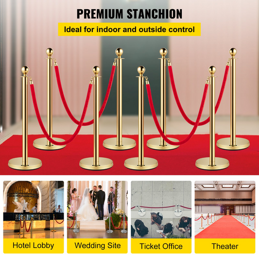 VEVOR Crowd Control Stanchion Stanchion Set 8 Pieces with Red Velvet Rope-Gold