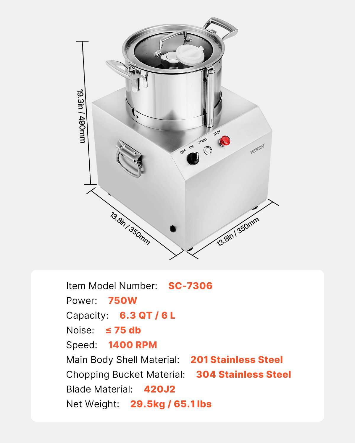 Food Processor Vegetable Chopper 6.3 Quart Food-Grade Stainless Steel Blender